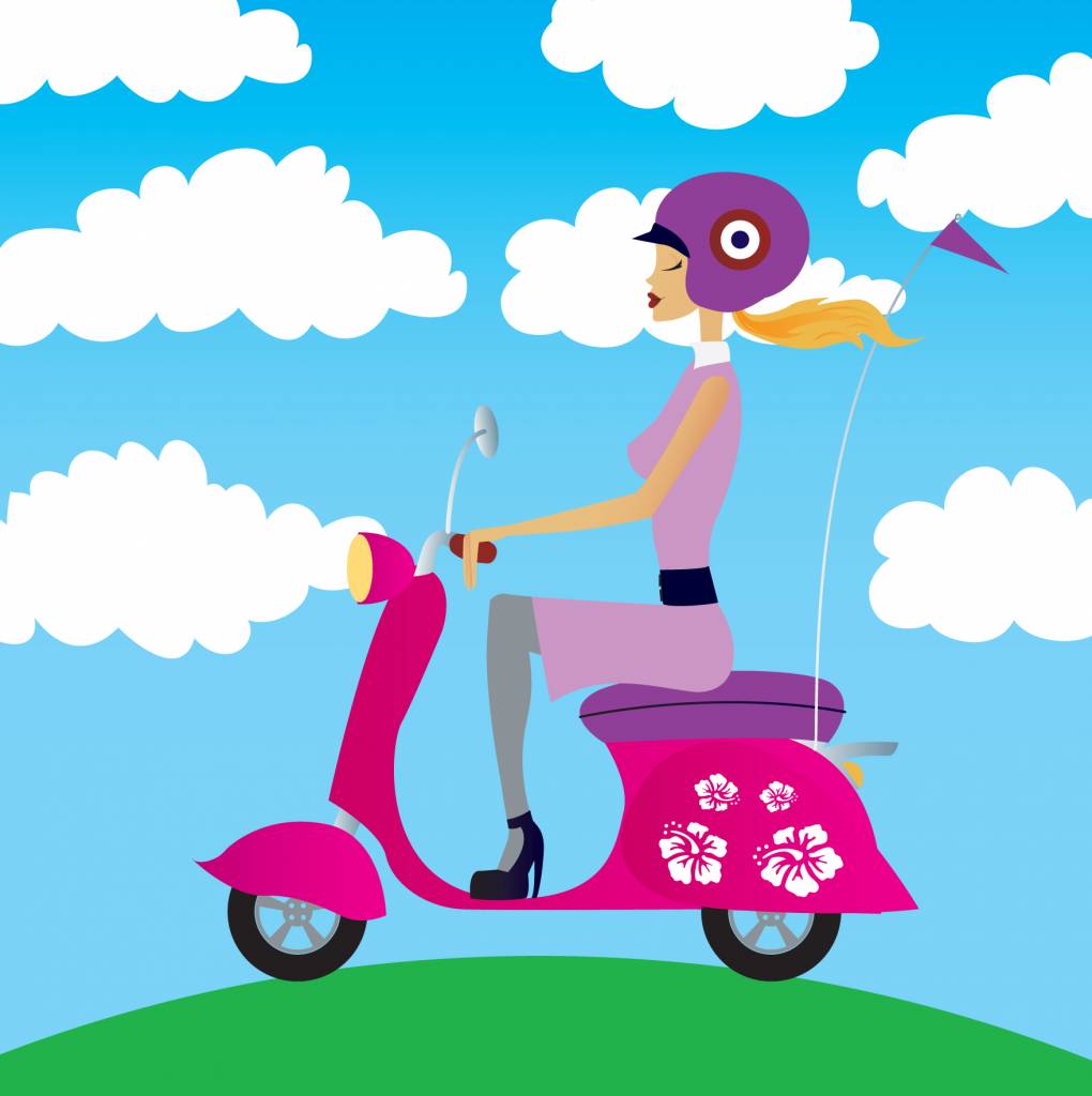 illustration of woman riding a vespa scooter