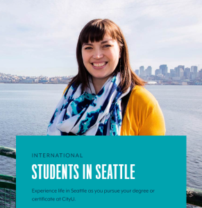 graphic image of woman in yellow sweater and colorful scarf in front of Seattle skyline
