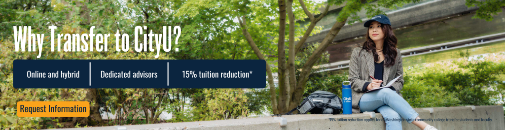 transfer student in CityU gear sitting on wall looking toward words on screen "why transfer to CityU"