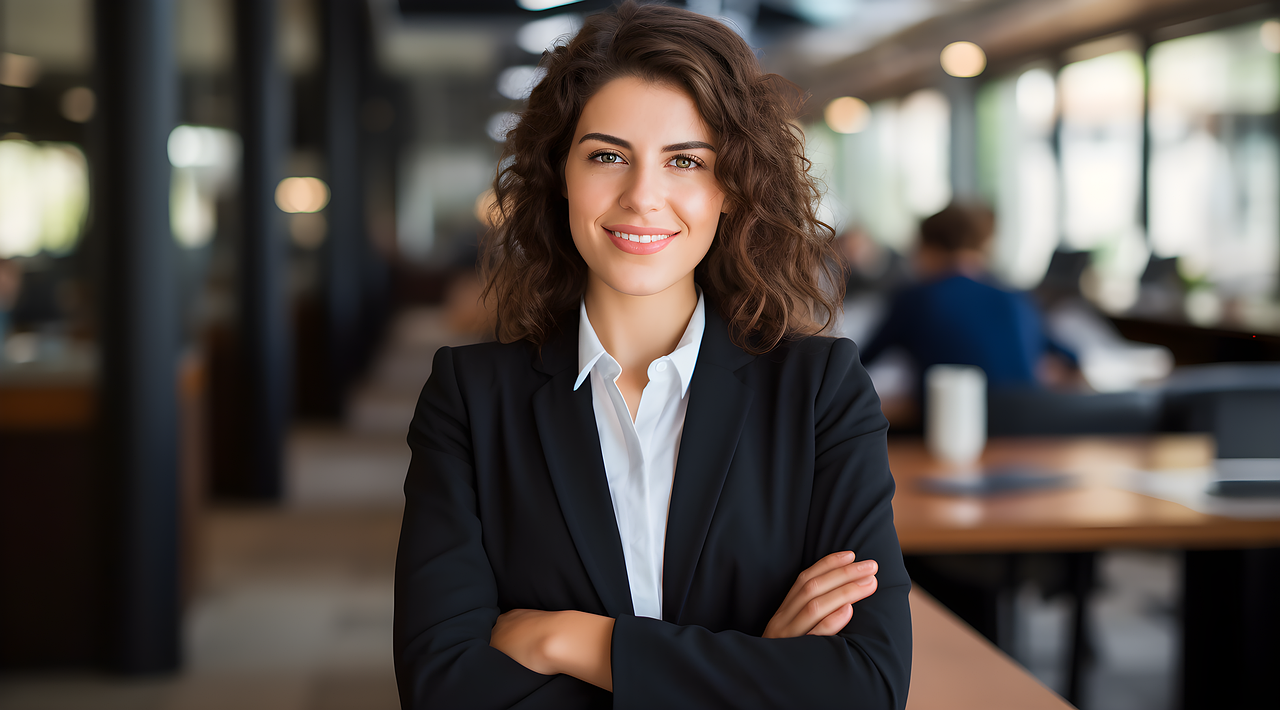 A woman in professional work attire smiles confidently.